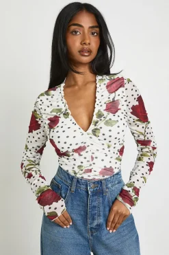 boohoo Body À Manches Longues En Mesh À Pois Et Roses Avec Encolure Froncée<Femme Pois|Tops