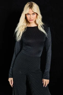 Body Moulant À Col Rond Et Manches Longues Orné De Strass Thermocollants