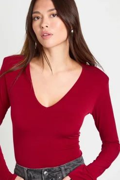 Body Moulant À Décolleté Plongeant Manches Longues Avec Épaulettes