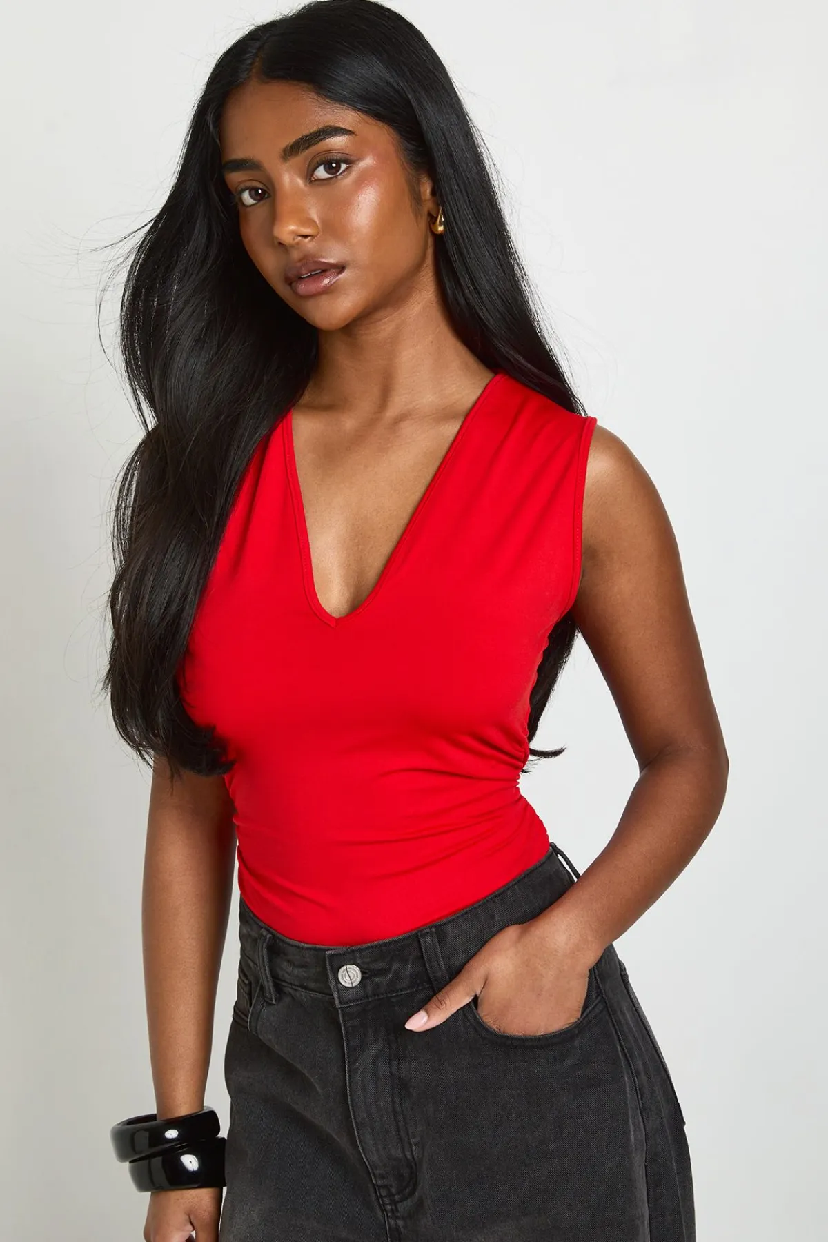 boohoo Body Moulant Mat Froncé À Décolleté Plongeant<Femme Tops