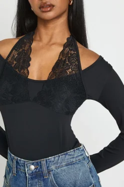 Body Moulant Mat À Manches Longues Avec Col Licou Et Finitions En Dentelle