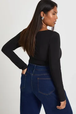 boohoo Body pour grande taille à manches longues, double couche, avec fronces à l'avant<Femme Tops