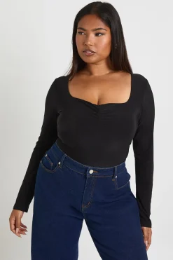 boohoo Body pour grande taille à manches longues, double couche, avec fronces à l'avant<Femme Tops