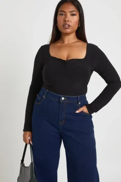 boohoo Body pour grande taille à manches longues, double couche, avec fronces à l'avant<Femme Tops