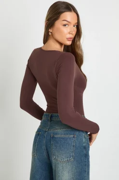 boohoo Body sans couture à encolure échancrée et manches longues<Femme Looks Chocolat|Tops D’Automne