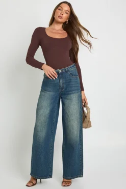 boohoo Body sans couture à encolure échancrée et manches longues<Femme Looks Chocolat|Tops D’Automne