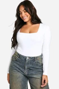 Bodysuit Boohoo Basics Plus en coton à col carré et manches longues