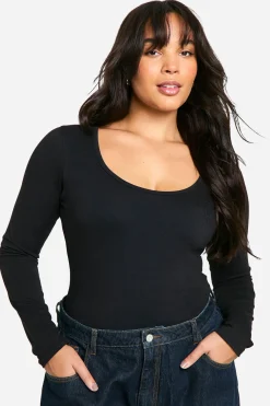 Bodysuit à manches longues en coton Boohoo Basics Plus à encolure échancrée