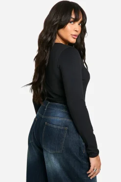 Bodysuit à manches longues en coton Boohoo Basics Plus à encolure échancrée