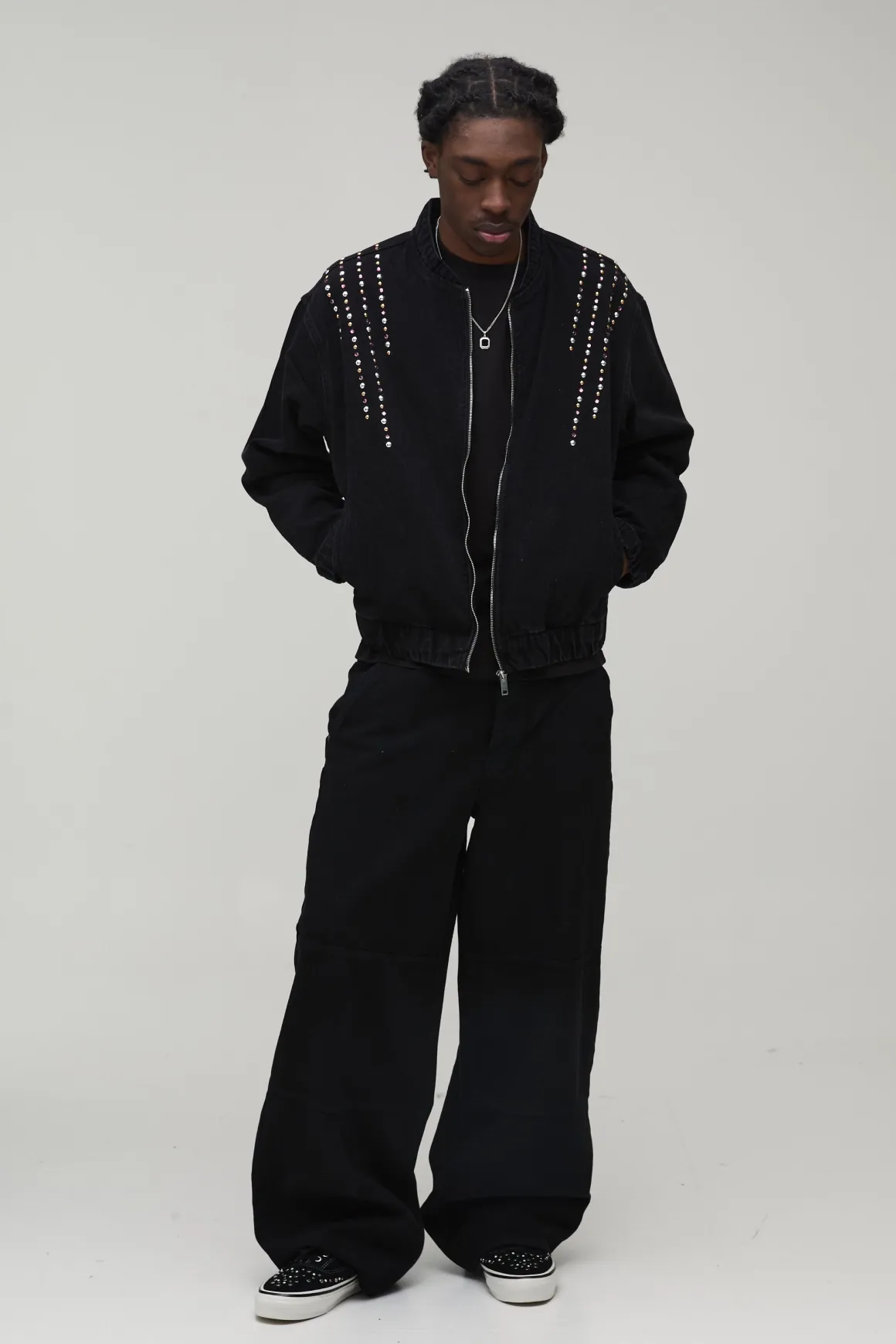 Bomber en denim orné à coupe boxy