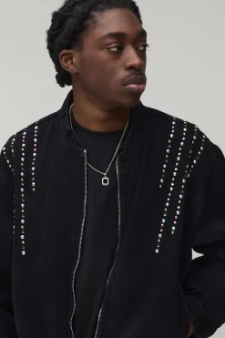 Bomber en denim orné à coupe boxy