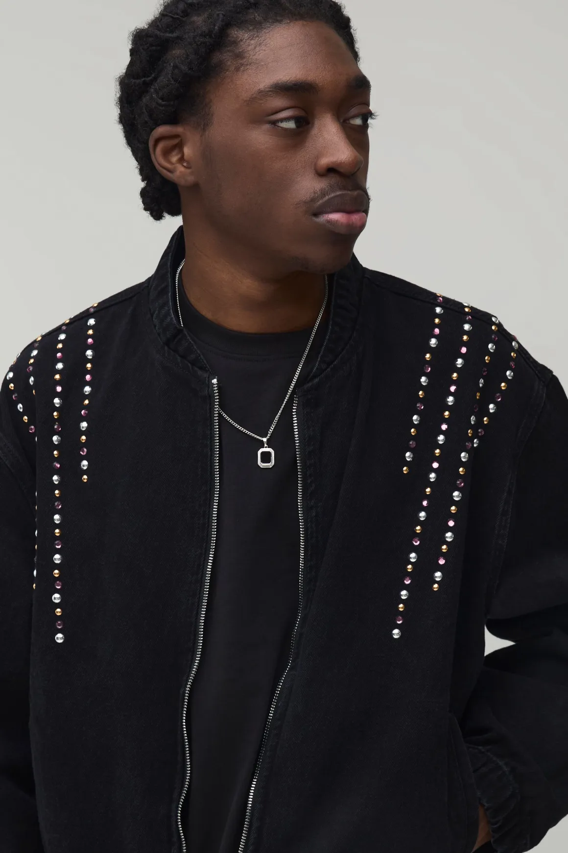 Bomber en denim orné à coupe boxy