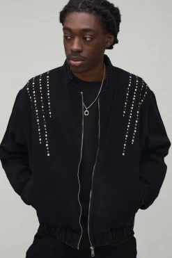 Bomber en denim orné à coupe boxy