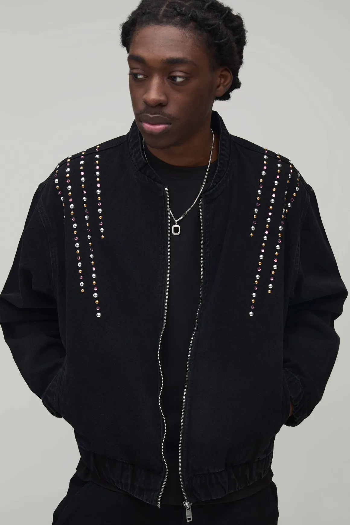 Bomber en denim orné à coupe boxy