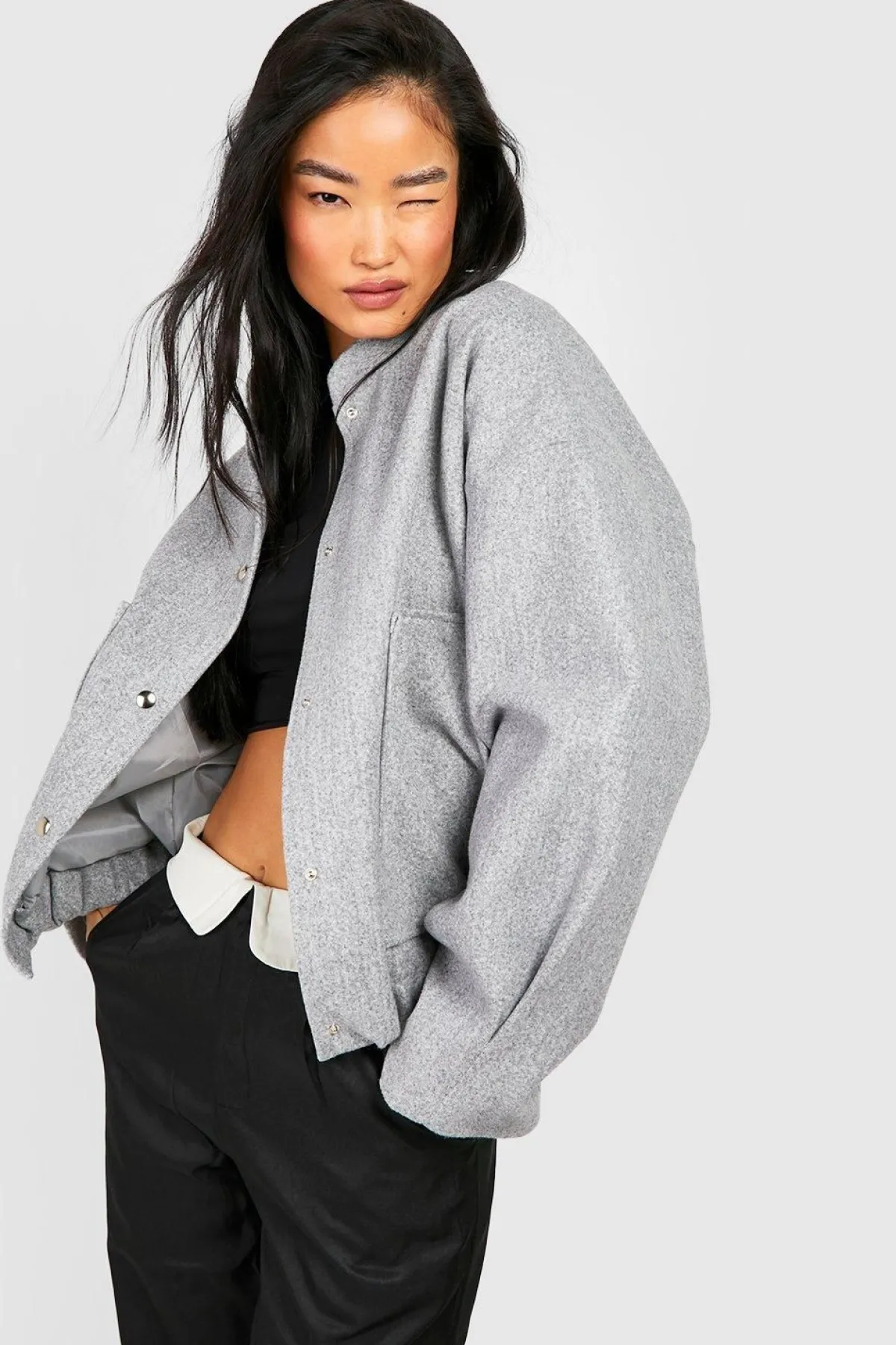 boohoo Bomber oversize en laine<Femme Vestes & Manteaux|Bombers