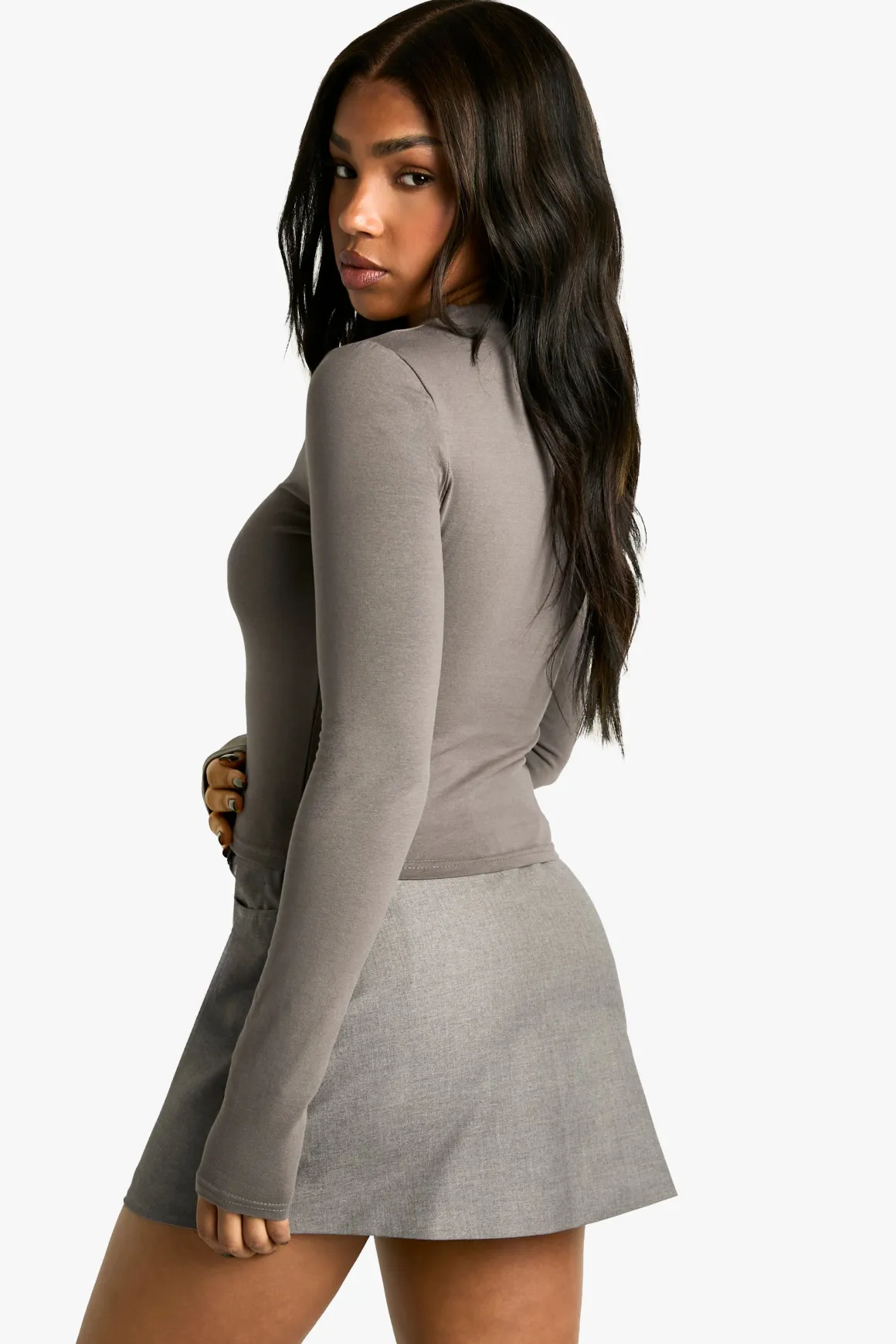 Boohoo Basics Crop Top à manches longues, col rond
