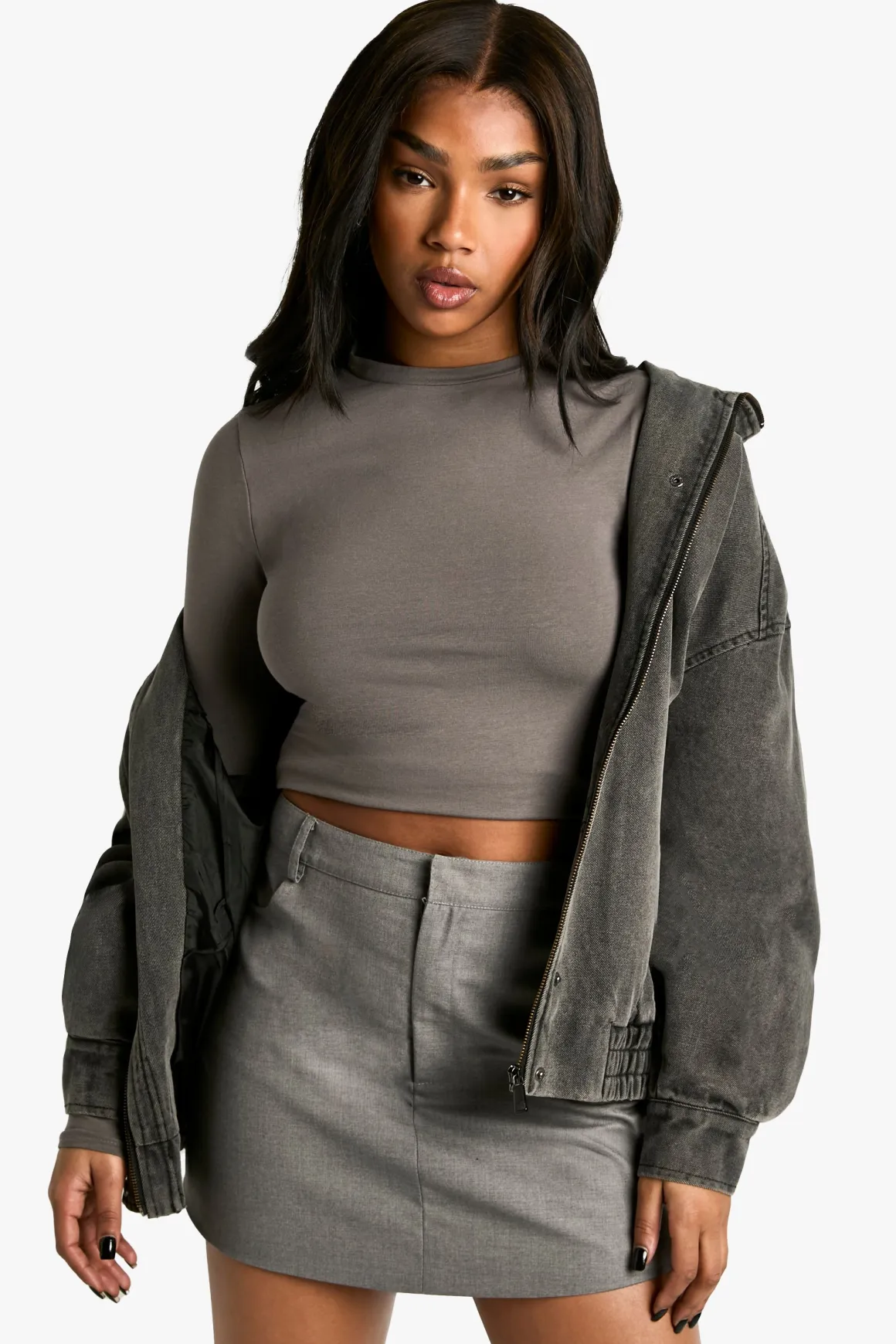 Boohoo Basics Crop Top à manches longues, col rond