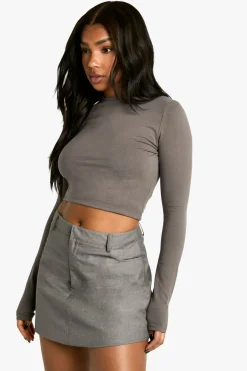 Boohoo Basics Crop Top à manches longues, col rond