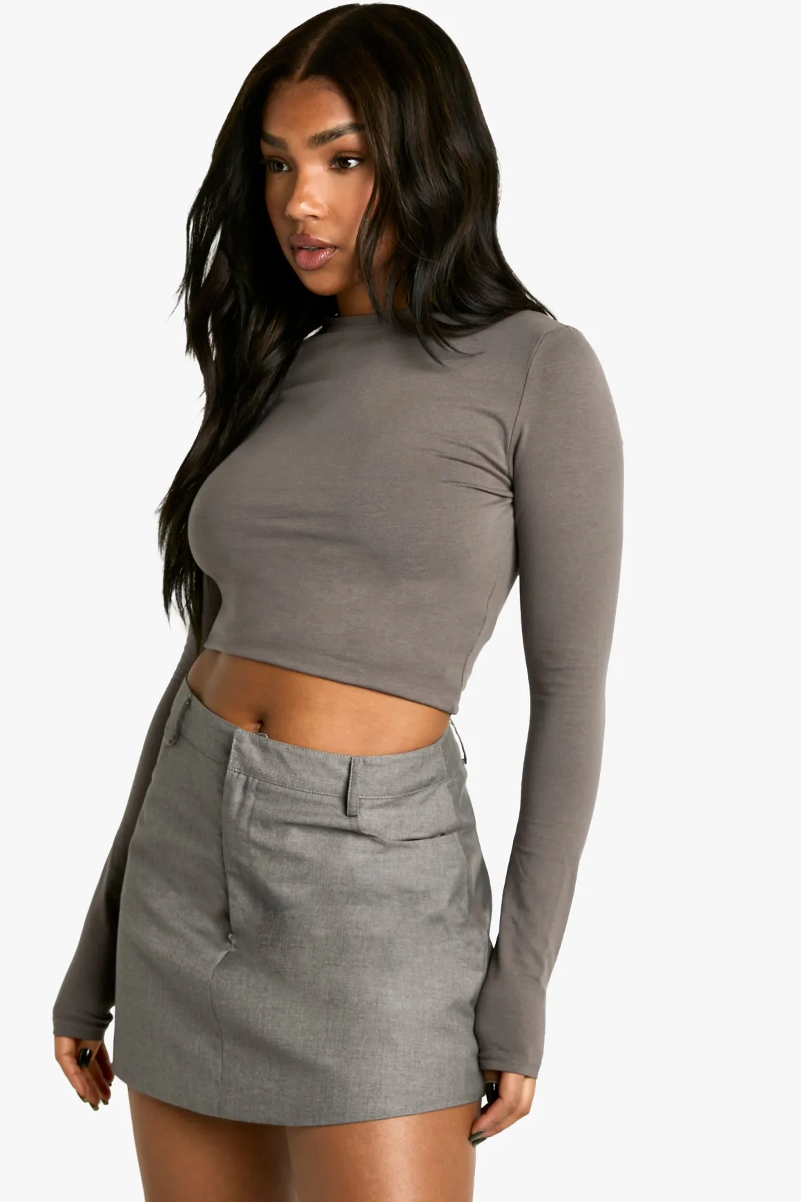 Boohoo Basics Crop Top à manches longues, col rond
