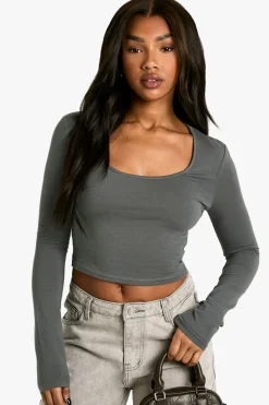 boohoo Basics Haut à manches longues à encolure dégagée<Femme Basiques|Tops