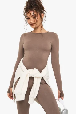 boohoo Basics Haut à manches longues en côtes sans couture<Femme Vêtements De Sport|Tops