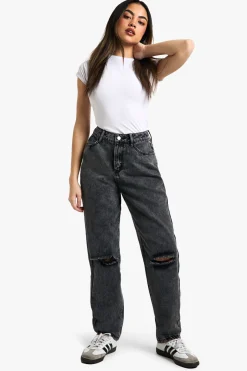 Boohoo Basics Jeans Droit Déchiré au Genou