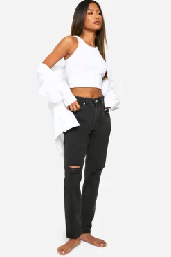 Boohoo Basics Jeans Mom Déchirés à Taille Haute 32 pouces
