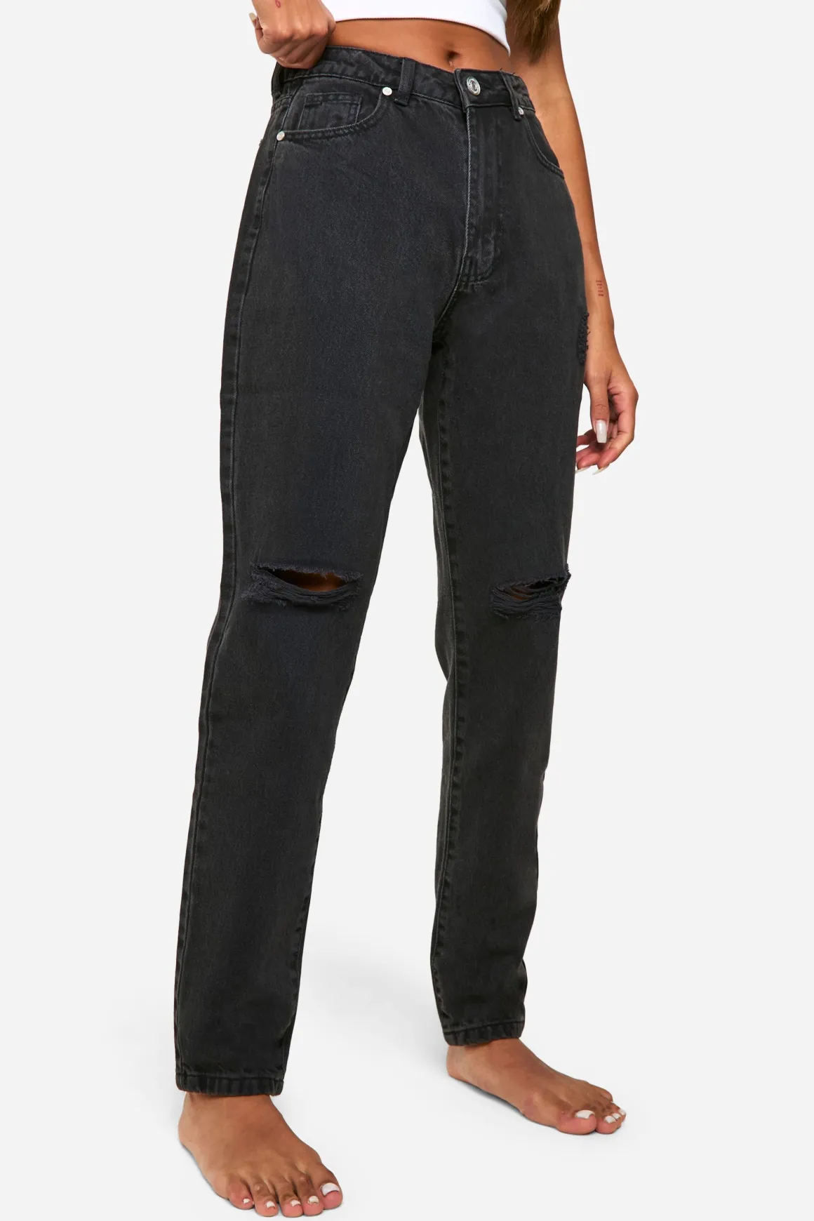Boohoo Basics Jeans Mom Déchirés à Taille Haute 32 pouces