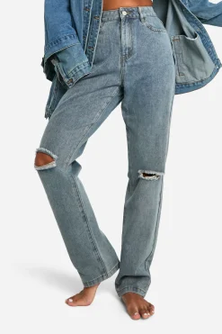 boohoo Basics Jean taille haute droit déchiré au niveau des genoux en bleu délavé<Femme Denim|Jeans