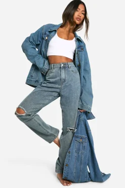 boohoo Basics Jean taille haute droit déchiré au niveau des genoux en bleu délavé<Femme Denim|Jeans