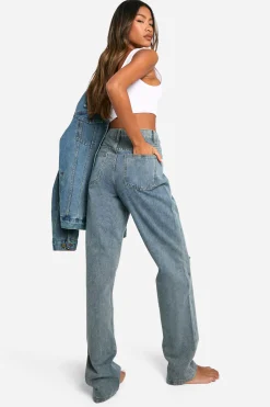 boohoo Basics Jean taille haute droit déchiré au niveau des genoux en bleu délavé<Femme Denim|Jeans