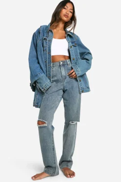 boohoo Basics Jean taille haute droit déchiré au niveau des genoux en bleu délavé<Femme Denim|Jeans