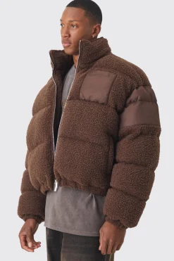 boohooMAN Borg & Nylon Doudoune à col entonnoir en<Homme Manteaux Et Vestes
