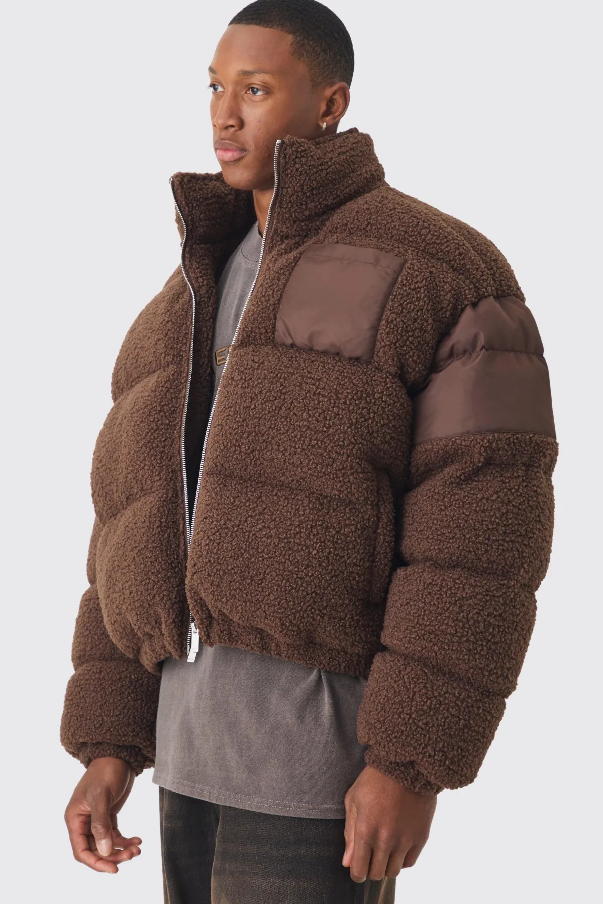 boohooMAN Borg & Nylon Doudoune à col entonnoir en<Homme Manteaux Et Vestes