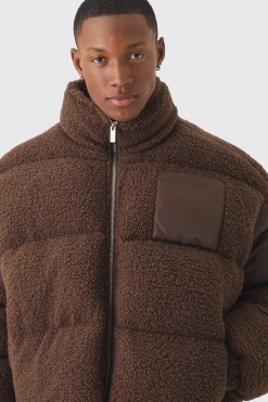 boohooMAN Borg & Nylon Doudoune à col entonnoir en<Homme Manteaux Et Vestes