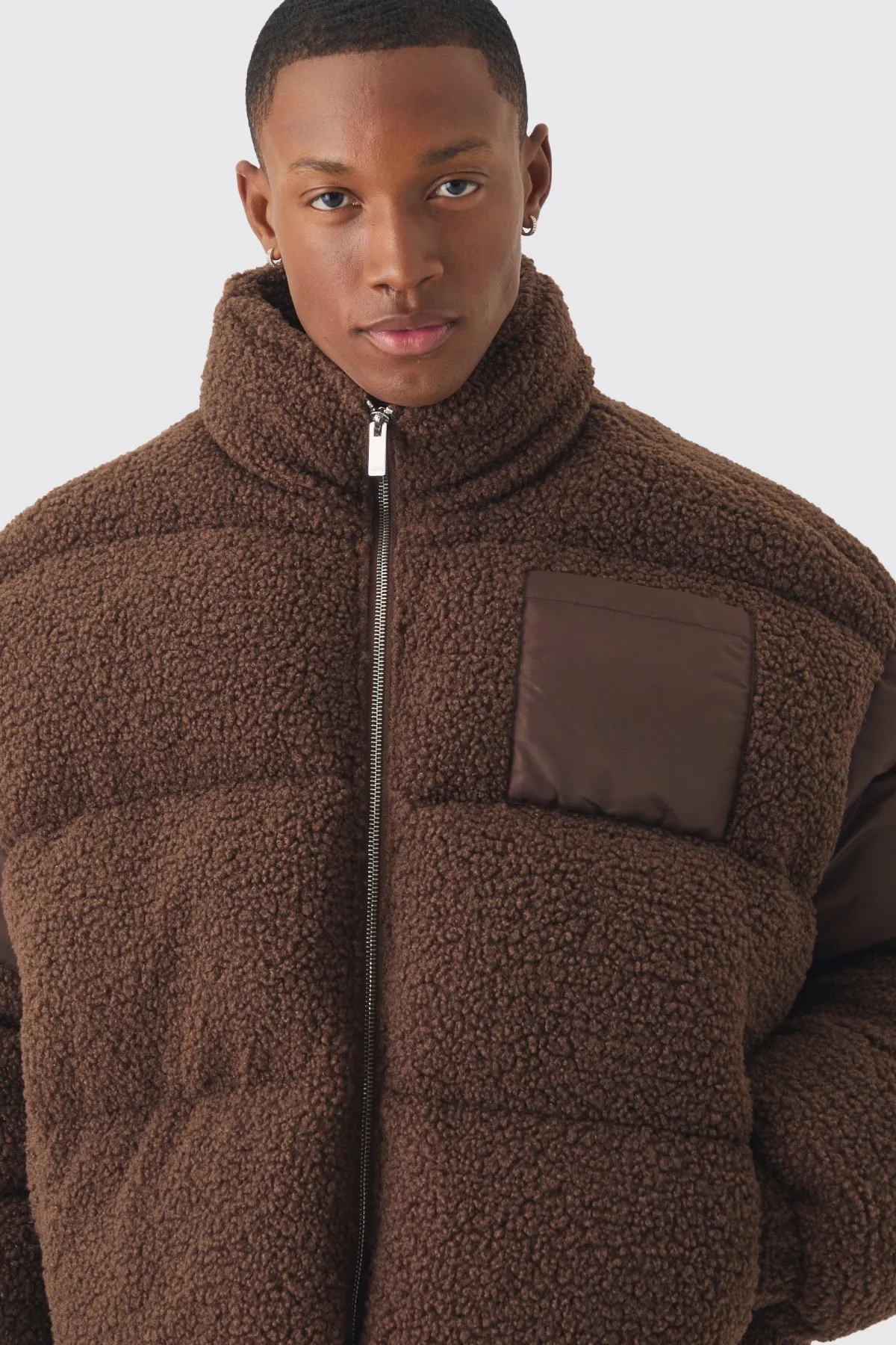 boohooMAN Borg & Nylon Doudoune à col entonnoir en<Homme Manteaux Et Vestes
