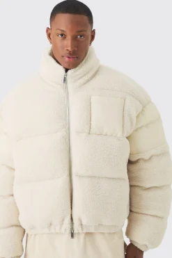 boohooMAN Borg & Nylon – Doudoune à col entonnoir en écru<Homme Manteaux Et Vestes