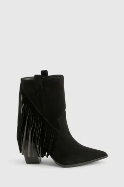 boohoo Botte chevillère western à talon, coupe large, en fausse suède avec détails frangés et pompons< Bottes Mi-Hautes|Bottes