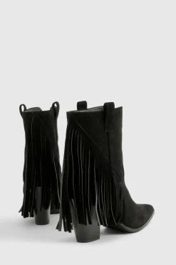 boohoo Botte chevillère western à talon, coupe large, en fausse suède avec détails frangés et pompons< Bottes Mi-Hautes|Bottes