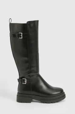 Bottes biker jusqu'au genou à double boucle et à coupe large
