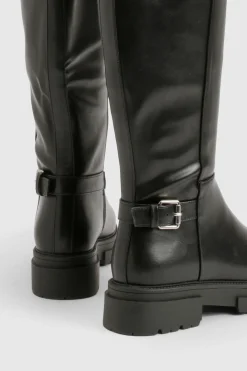 Bottes biker jusqu'au genou à double boucle et à coupe large