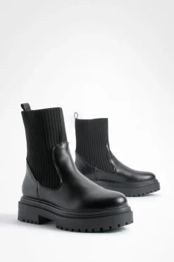 boohoo Bottes Chelsea tricotées à semelle épaisse< Bottes|Bottes Noires