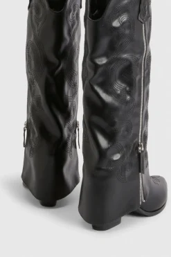 Bottes De Cowboy À Revers Et Fermeture Éclair Coupe Large