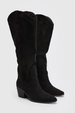 boohoo Bottes De Cowboy Western À Talons Hauts Montantes Jusqu'au Genou En Synthétique Coupe Large< Bottes|Bottes En Daim