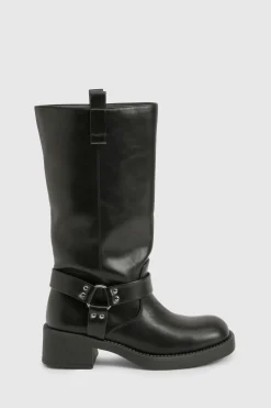 boohoo Bottes de motard en veau épuré à anneau en D< Bottes|Bottes Motardes