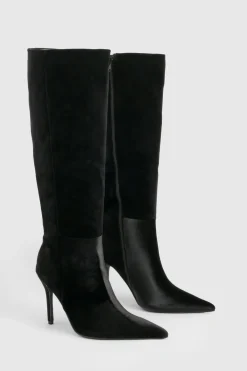 boohoo Bottes en velours à talon stiletto, bout pointu et montantes jusqu'aux genoux< Bottes|Bottes Hautes