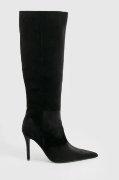 boohoo Bottes en velours à talon stiletto, bout pointu et montantes jusqu'aux genoux< Bottes|Bottes Hautes