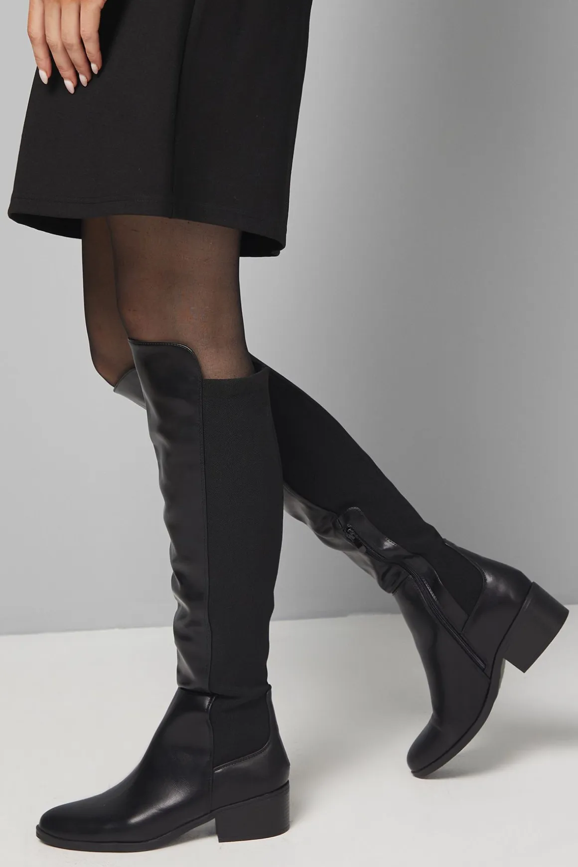 Bottes Hannah à Talon Bas, Bout Amande et Dos Extensible Hauteur Genou