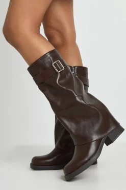 boohoo Bottes Hautes Au-dessus Du Genou Coupe Large Avec Détail Boucle Et Revers< Bottes|Bottes Hautes