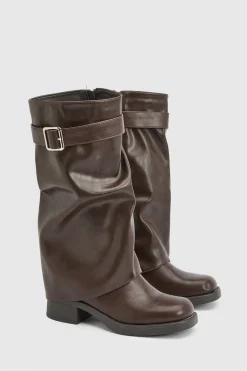 boohoo Bottes Hautes Au-dessus Du Genou Coupe Large Avec Détail Boucle Et Revers< Bottes|Bottes Hautes